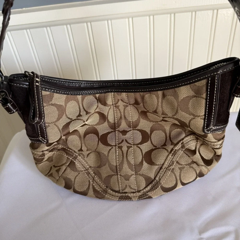 Vintage Coach Signature Jacquard Small Soho Hobo Bag Brown Tan Leather Y2K Purse
